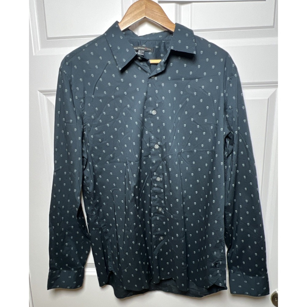 John Varvatos USA Men's  Button Up Cotton Shirt Large Blue Micro Dot Skull Print
